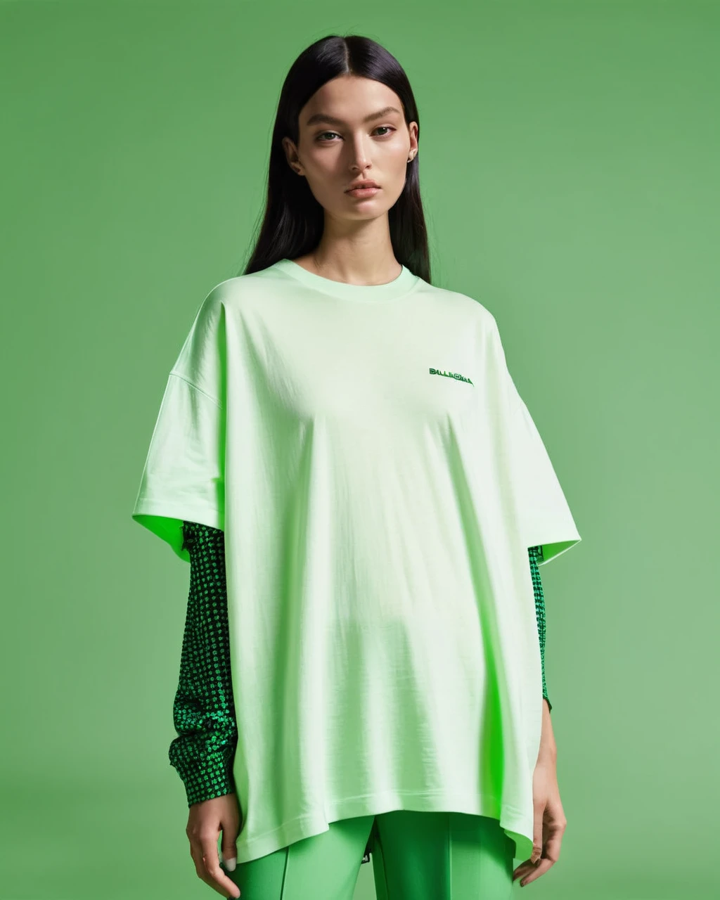 white oversize t-shirt, all green color background,balenciaga concept fashion photo, Paris