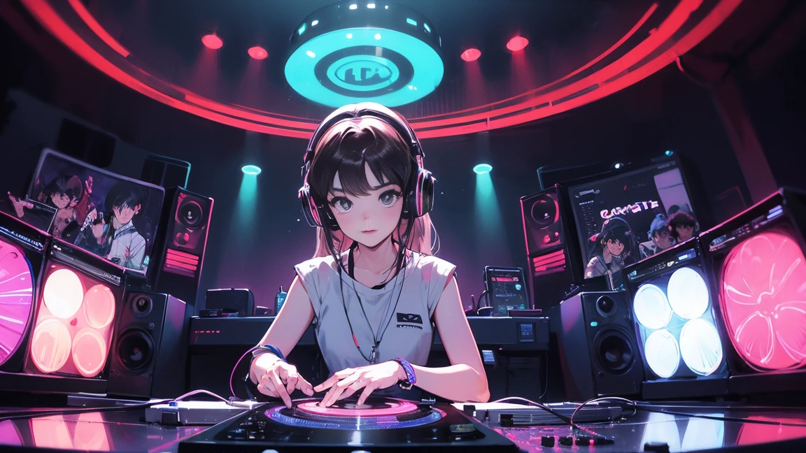 DJ Girl, クールなヘッドセットをつけたHIPHOPファッションのDJ Girl,Front view , Two large LED-illuminated speakers on each side, Immerse yourself in a neon-lit environment, In front of her is a music mixer and a turntable.、A record is placed on the turntable,The DJ deck's two turntables and mixer are Technics,DMC, DMC World DJ Championships,
