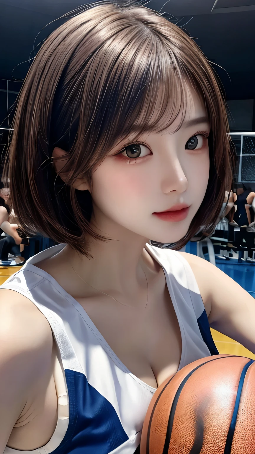 （RAW photo，4K，master piece，High resolution，very complicated）（reality：1.4），Cinematic lighting, delicate girl with standing face, 1 girl， single focus， Looks like a whole body，summer afternoon， play basketball，Blue uniform、thermography， 1990s\（with style\），white skin，(the biggest，cleavage)， (highest quality), (High resolution), (very delicate and beautiful),,(Beautiful 8K face),(brown eyes),(ulzzang-6500:1.0),(big breasts),(nba),(basketball sportswear),((play basketball)),((Gym)),((speed)),(reality),（Nope：1.5）， closeup cleavage， master piece， best quality， RAW photo capture， reality， face， incredibly ridiculous resolution， beautiful girl， adorable， short and fine hair， Depth of the bounds written， High resolution， super detailed， small details， very detailed， Highly detailed eyes and face， sharp pupils， realityな生徒， fix a sharp focus， cinematic lighting