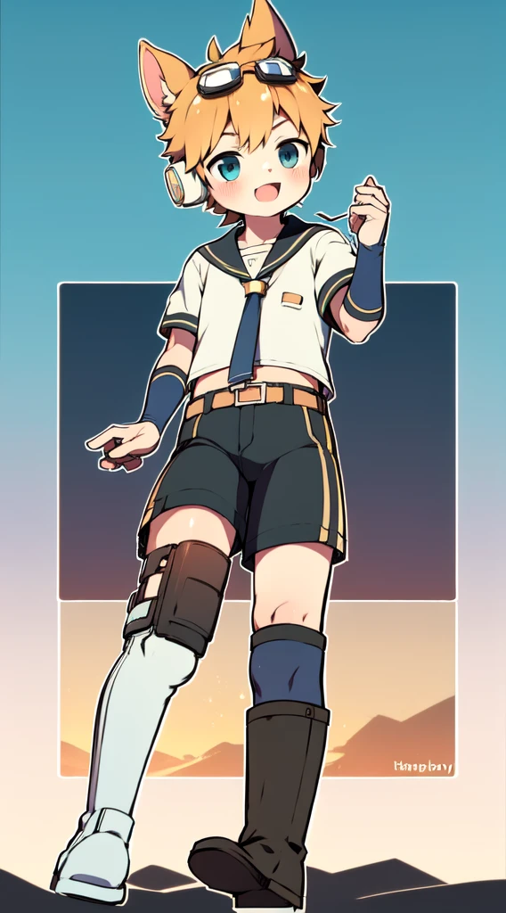 2D Shonen Shota，Siamese combat uniform，Slim, healthy body，Put the headphones on your head，stand up，goggles，Rabbit ears，Happy，Sailor collar，tie，Zipper down，boots，charming