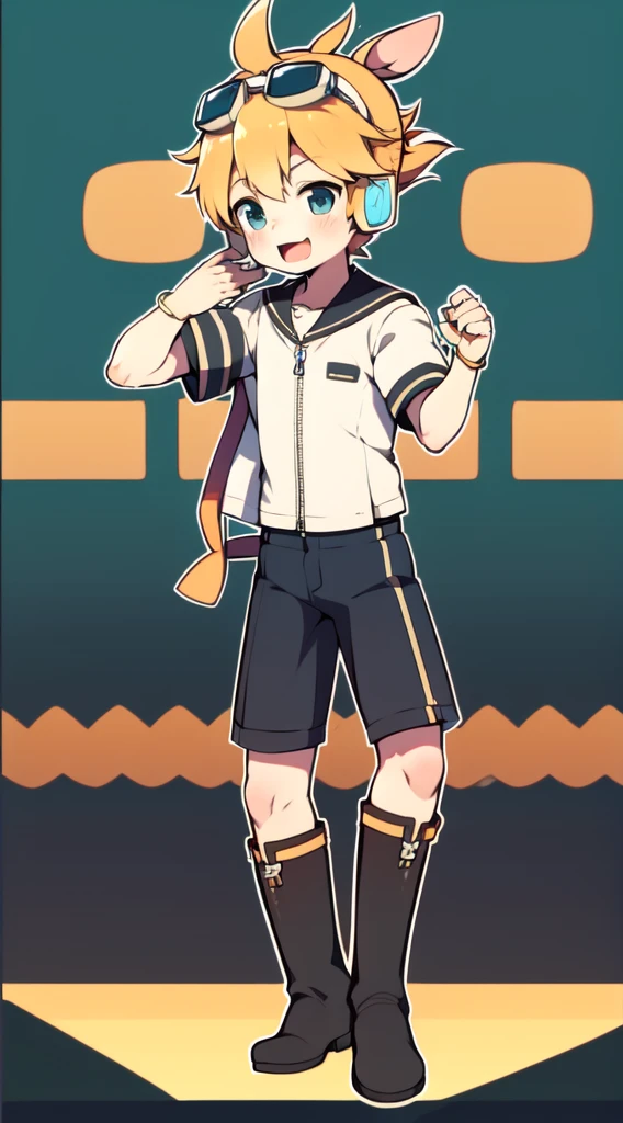 2D Shonen Shota,Siamese combat uniform,Slim, healthy body,Put the headphones on your head,stand up,goggles,Rabbit ears,Happy,Sailor collar,tie,Zipper down,boots,charming