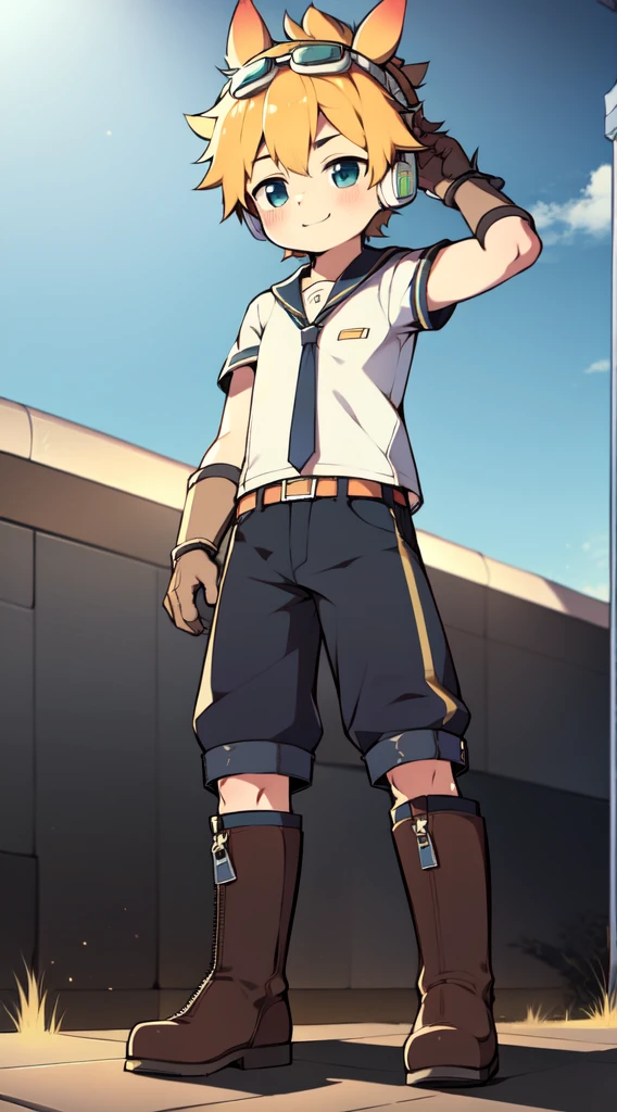 2D Shonen Shota,Siamese combat uniform,Slim, healthy body,Put the headphones on your head,stand up,goggles,Rabbit ears,Happy,Sailor collar,tie,Zipper down,boots,charming