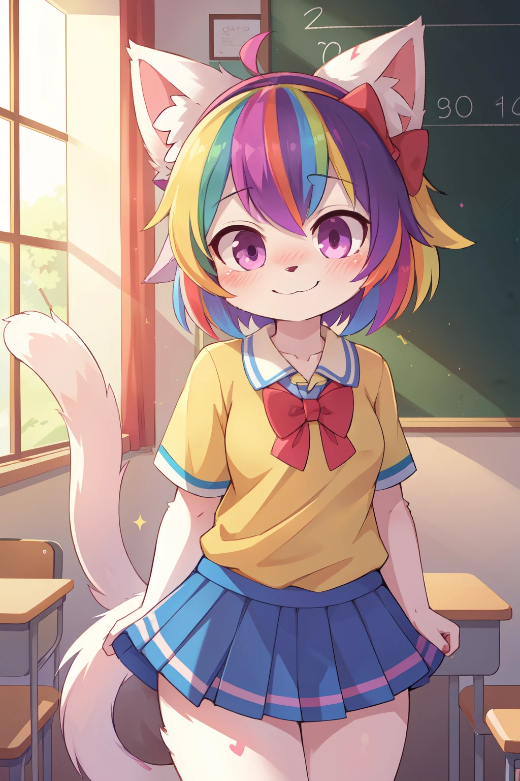 score_9,score_8_up,score_7_up, source_cartoon, source_furry, cat girl, (Rainbow colored hair, colorful hair), (messy, messy), furry, blush, looking at viewer, smile, 1girl, furry female, cat tail, cat ears, white body fur, ((big bow decoration, , school shirt, blue skirt)), class, magenta eyes, sparkle on eyes, blush, looking at viewer, uperbody,