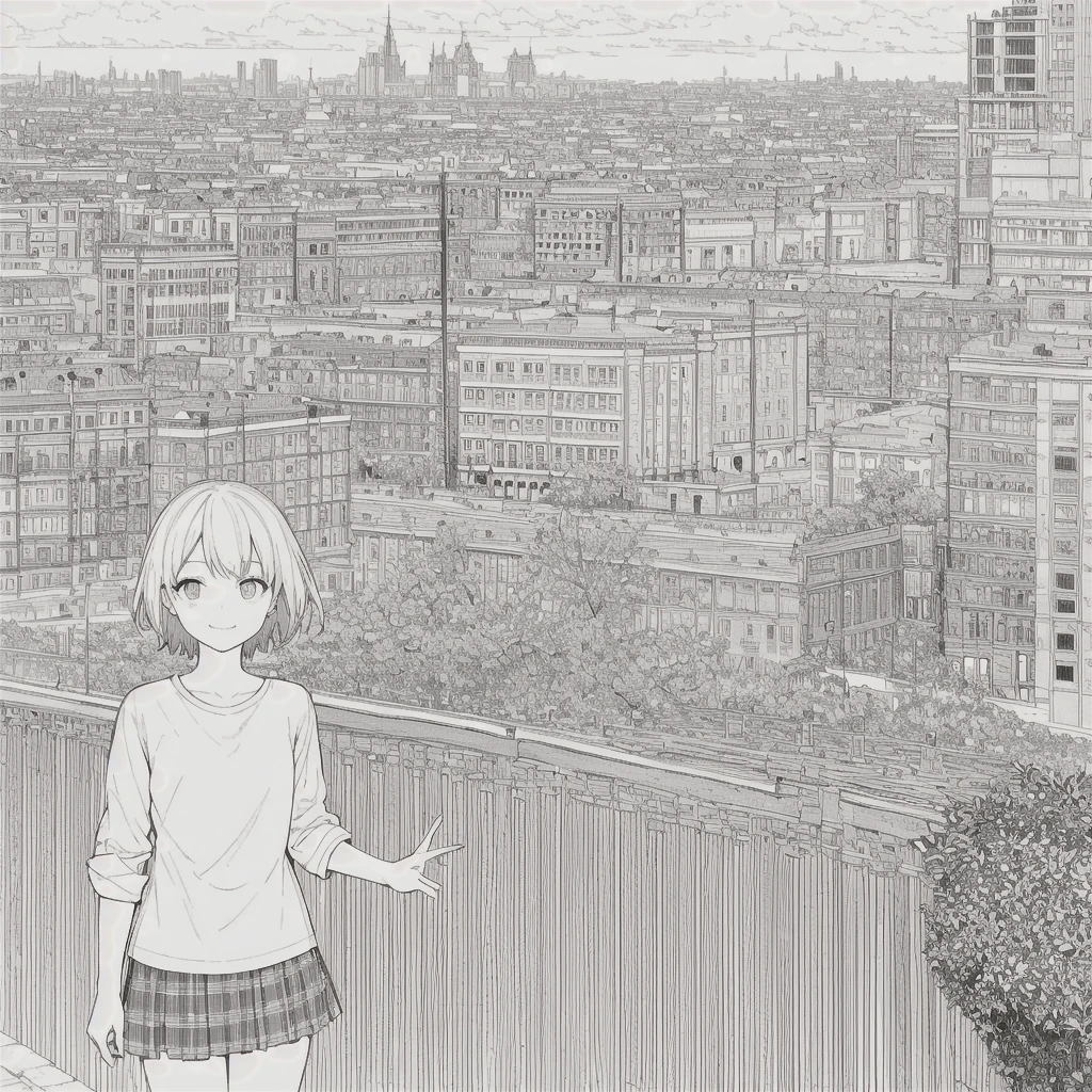 masterpiece, Highest quality, 1人のgirl, 14 and.oh、girl, short hair, chest, Beautiful Eyes, Cloudy, T-Shirts, Long sleeve, Frilled Skirt, smile, city, street, View your viewers, Outdoor, Line art, Monochrome, 