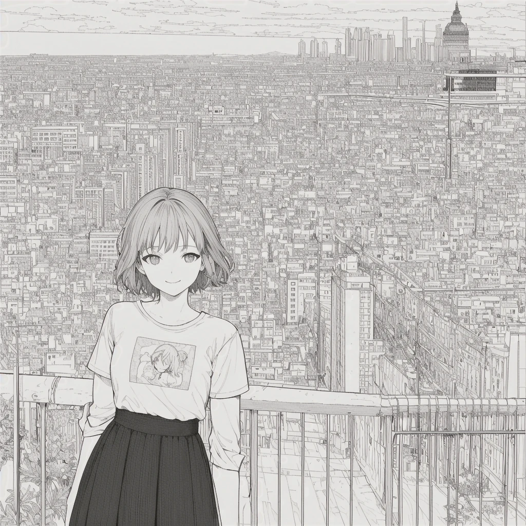 masterpiece, Highest quality, 1人のgirl, 14 and.oh、girl, short hair, chest, Beautiful Eyes, Cloudy, T-Shirts, Long sleeve, Frilled Skirt, smile, city, street, View your viewers, Outdoor, Line art, Monochrome, 