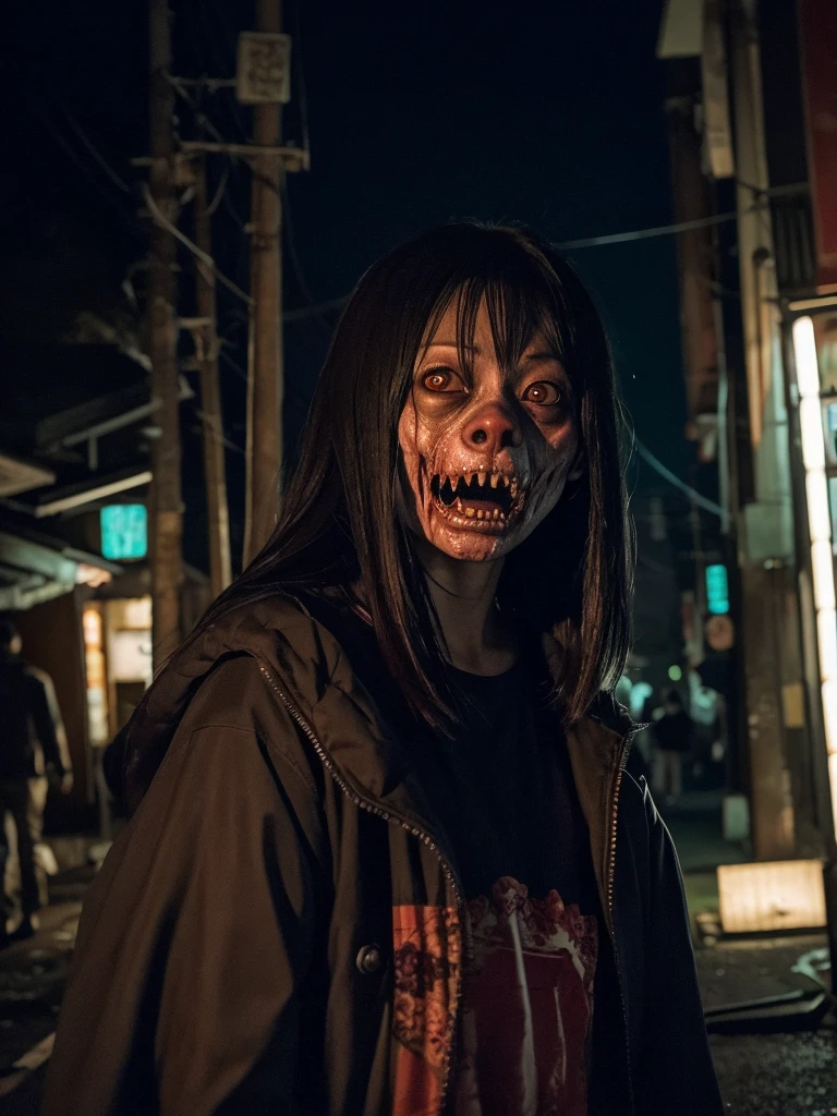 dark lighting, long shot, realistic horror movie scene featuring a terrifying zombie that looks like a real dog. The background is a typical Japanese city with horror movie setting, style of Japanese horror films like 'Ju-on', pose : 