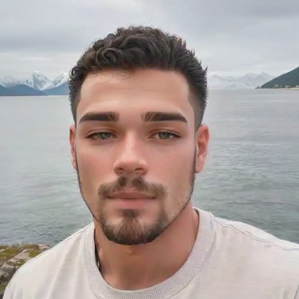 trimmed man with goatee in front of a body of water, profile pic, about 19 years old, headshot foto perfil, taken at the beginning of 2020, with mountains in the background, portait photo foto perfil, jamie reid, foto perfil, por Maxwell Bates, caio santos, headshot, with mountains in the background