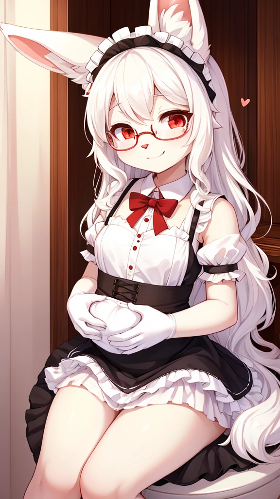 best quality,Optimal resolution,(Fluffy anthropomorphic furry :1.6),(young :1.6),White Rabbit Girl,Small Breasts,White hair,Long hair,curls,Curly hair,White rabbit ears,White rabbit tail,White fur,Red Eyes,Sparkling eyes,Shining eyes,Glasses,Bow,maid outfit,Maid headdress,Maid gloves,Ruffles,Beautiful cafe toilet,White light,Full flush,s face,Smile,heart shape eye,Heart shaped eyes,shiny,Eyes very close,Close your eyes,Sexy pose，Sitting on the toilet，Holding the stomach，