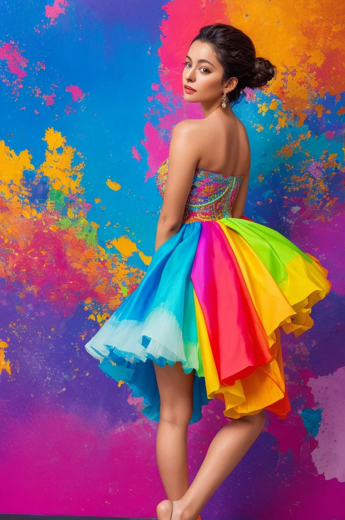 (Best quality, masterpiece, ultra high res), woman, Looking over the shoulder pose, colorful photography, highly edited, immense colors, after effects. full body shot, very detailed