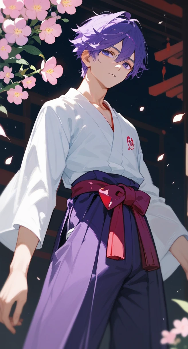 1 boy, purple hair, pretty face, flower, hakama