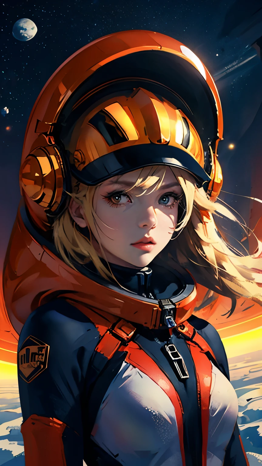 Looking at the camera、Upper Body、Long blonde、Orange space suit、Space Background、Flying through space、High resolution、High resolution、Maximum resolution 、Russian、Moderate bust、woman、cccp、Helmet、