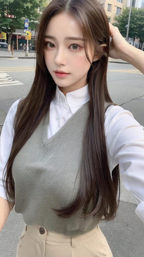 lifelike, high resolution:1.3), 1 girl with a perfect figure, The face shape and eyes are super beautiful,Long hair, Random color vest:1.2,trousers