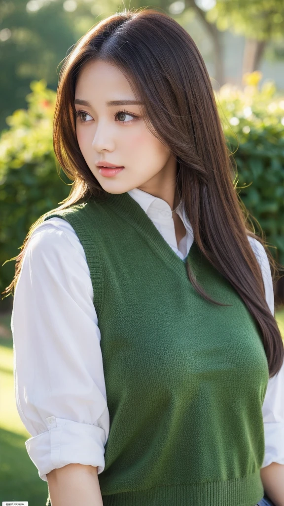lifelike, high resolution:1.3), 1 girl with a perfect figure, The face shape and eyes are super beautiful,Long hair, Random color vest:1.2,trousers