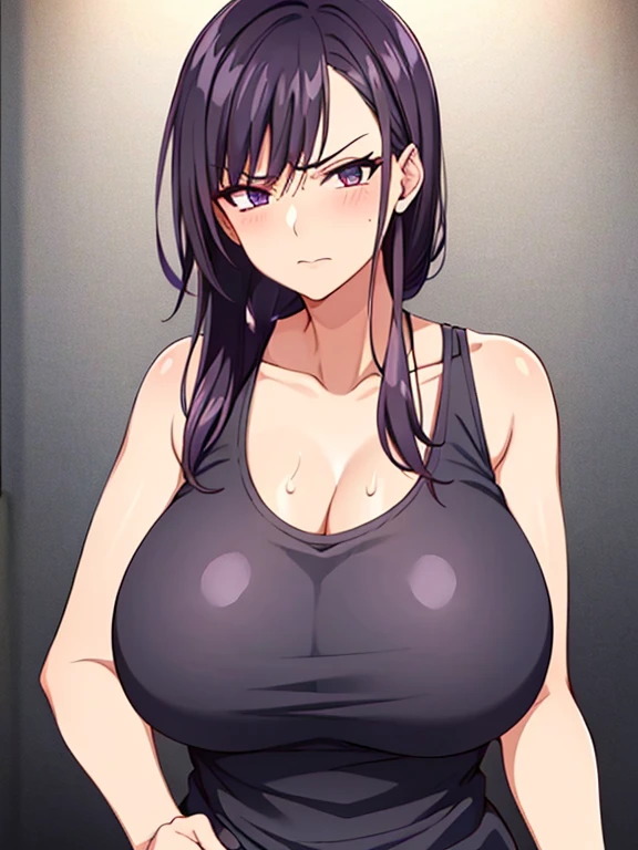 1 milf, purple and slightly black hair, wearing a black tank top, cynical look, angry face, white background, sexy pose