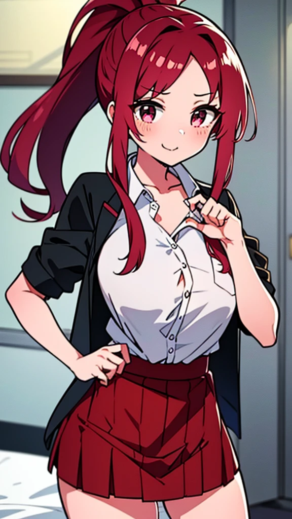 high tail hairstyle, Ponytail hairstyle, Long wavy black hair, standing posing, anime girl style, pixel art anime style,penetrating look with deep eyes,red and purple eyes, hair with a ponytail hairstyle trapped with a big red bun, Women, red hair clips, x color shaped hair clips , short white shirt, smooth receptionist miniskirt, smiling face blush, standing in his bedroom, next to his bed, receptionist clothes, lifting her skirt, grabbing her skirt with her hands to lift it up, letting her look at her underwear.