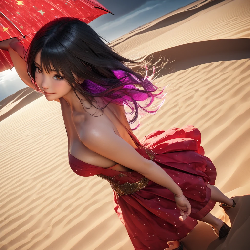 (masterpiece, photo_real, octane-render):1.4, magnificent view, (far away the sea is darker), (midnight sand dunes), sand dunes (Tottori:1.3), (sand ripples:0.95), fantastic, sky full of stars,  starry stars cloud colorful, gentle breeze, fantastic Atmosphere, 1 girl, (holding a red umbrella in the right hand, perfect hands), (standing on Center of sand dunes),(detailed brown eyes, jet-black hair,colored inner orange ombre hair multicolored hair, curly):1.21, (flinching hair), Heart-shaped face woman,(in red dress, bare shoulders, white arabesque pattern), dense and delicate clothes, beautiful breasts, wedge sandals, smile, playful, (beautiful nape, and back view, diffused natural skin glow), (subjective perspective), (dim light, light-shadow symmetry, ethereal lighting, Faintly emerge from the darkness),