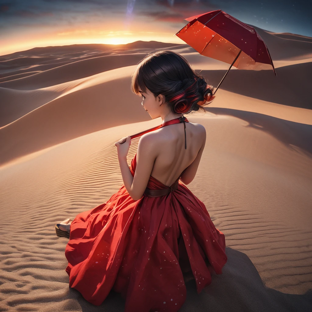 (masterpiece, photo_real, octane-render):1.4, magnificent view, (far away the sea is darker), (midnight sand dunes), sand dunes (Tottori:1.3), (sand ripples:0.95), fantastic, sky full of stars, starry stars cloud colorful, gentle breeze, fantastic Atmosphere, 1 girl, (holding a red umbrella in the right hand, perfect hands), (standing on Center of sand dunes),(detailed brown eyes, jet-black hair,colored inner orange ombre hair multicolored hair, curly):1.21, (flinching hair), Heart-shaped face woman,(in red dress, bare shoulders, white arabesque pattern), dense and delicate clothes, beautiful breasts, wedge sandals, smile, playful, (beautiful nape, and back view, diffused natural skin glow), (subjective perspective), (dim light, light-shadow symmetry, ethereal lighting, Faintly emerge from the darkness),