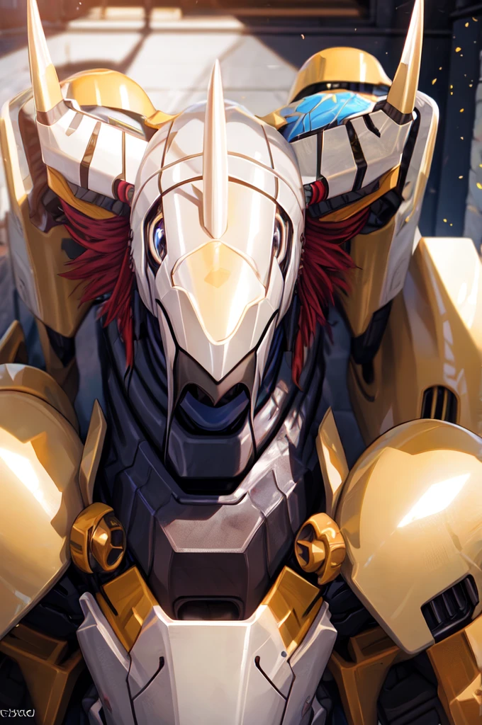 Masterpieces,official art,anthro,male,(wargreymon:1.2),Delicate face,Delicate eyes,helmet, armor, horn, digimon, upper body, depth of field, perfect lighting, light particles,(best quality),(masterpiece),(ultra detailed),sharp focus,light particles