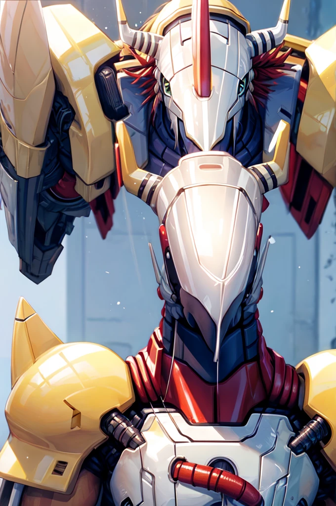 Masterpieces,official art,anthro,male,(wargreymon:1.2),Delicate face,Delicate eyes,helmet, armor, horn, digimon, upper body, depth of field, perfect lighting, light particles,(best quality),(masterpiece),(ultra detailed),sharp focus,light particles 