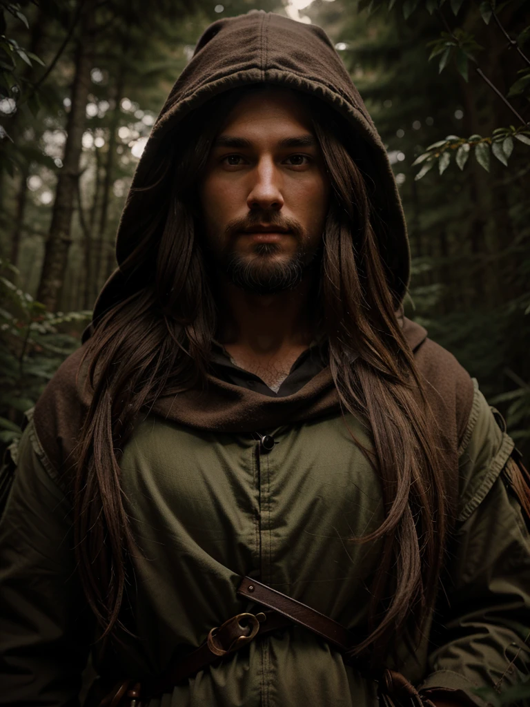 man, long brown hair, bearded, medieval druid hunter, in the middle of a dense forest at night, with hood, medieval style, realistic, ultra detailed  