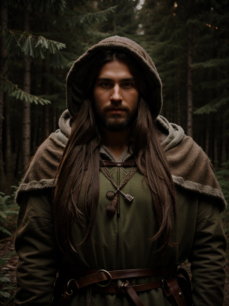 man, long brown hair, bearded, medieval druid hunter, in the middle of a dense forest at night, with hood, medieval style, realistic, ultra detailed