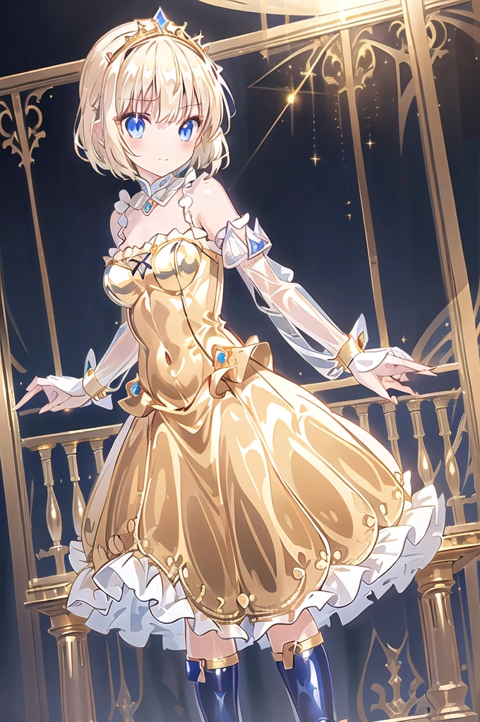 1girl,solo,(standard height),(cowboy shot),standing,(blonde hair:1.2),(short hair:1.2),(tiara:1.2),(blue eyes:1.2),(beautiful fingers:1.4),(perfect ???????:1.4),(arms_behind_back:1.6),(cold_shoulder:1.2),BREAK,(gold leather lace glossy silk lamé leotard:1.6),(gold evening dress:1.4),(latex luster shiny glossy metallic:1.6),(shiny_clothes:1.6),(open skirt:1.4),medium breasts,beautiful breasts,(masterpiece),best quality,(Ultra high definition eyes:1.2),8k,(Beautiful detailed eyes:1.2),(Fine and beautiful eyes:1.2),(pretty eyes:1.2),finely detail,extremely CG, absurdres,high resolution,illustration,Detailed and beautiful outlines,finely detail,high resolution,(colorful refraction:1.4,Increase saturation:1.2),beautiful lighting,dynamic lighting,closed room,black background,simple background, smile,looking at viewer,animemia,gold glove,(white Clear PVC sheets sleeves:1.6),(sheer sleeves:1.6),(see-through sleeves:1.6),(wide sleeves:1.4),(gold thigh boost:1.4)