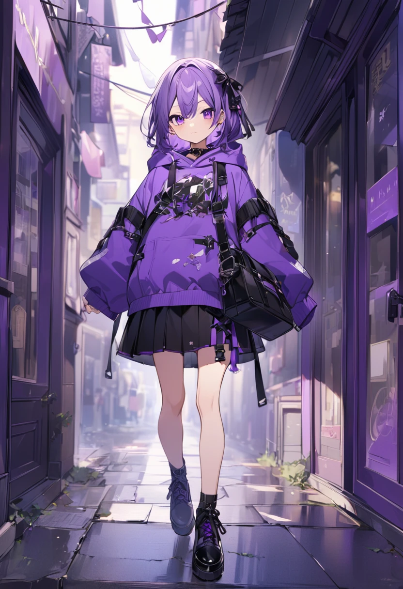 Keito。Purple Eyes。Purple Hair。Purple Skirt。Black shoes下。Black shoes。Purple hoodie