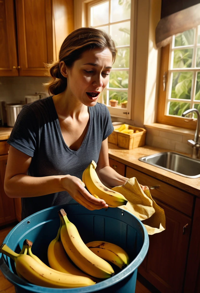 a woman putting a banana peel into the dustbin, her reaction was shocking, closeup shot, half body, fish eye lens, detailed facial features showing surprise, soft lighting enhancing the moment, cozy kitchen with wooden cabinets and a window with sunlight streaming in, sense of warmth interrupted by an unexpected discovery, Illustration, digital painting with Procreate, --ar 1:1 --v 5