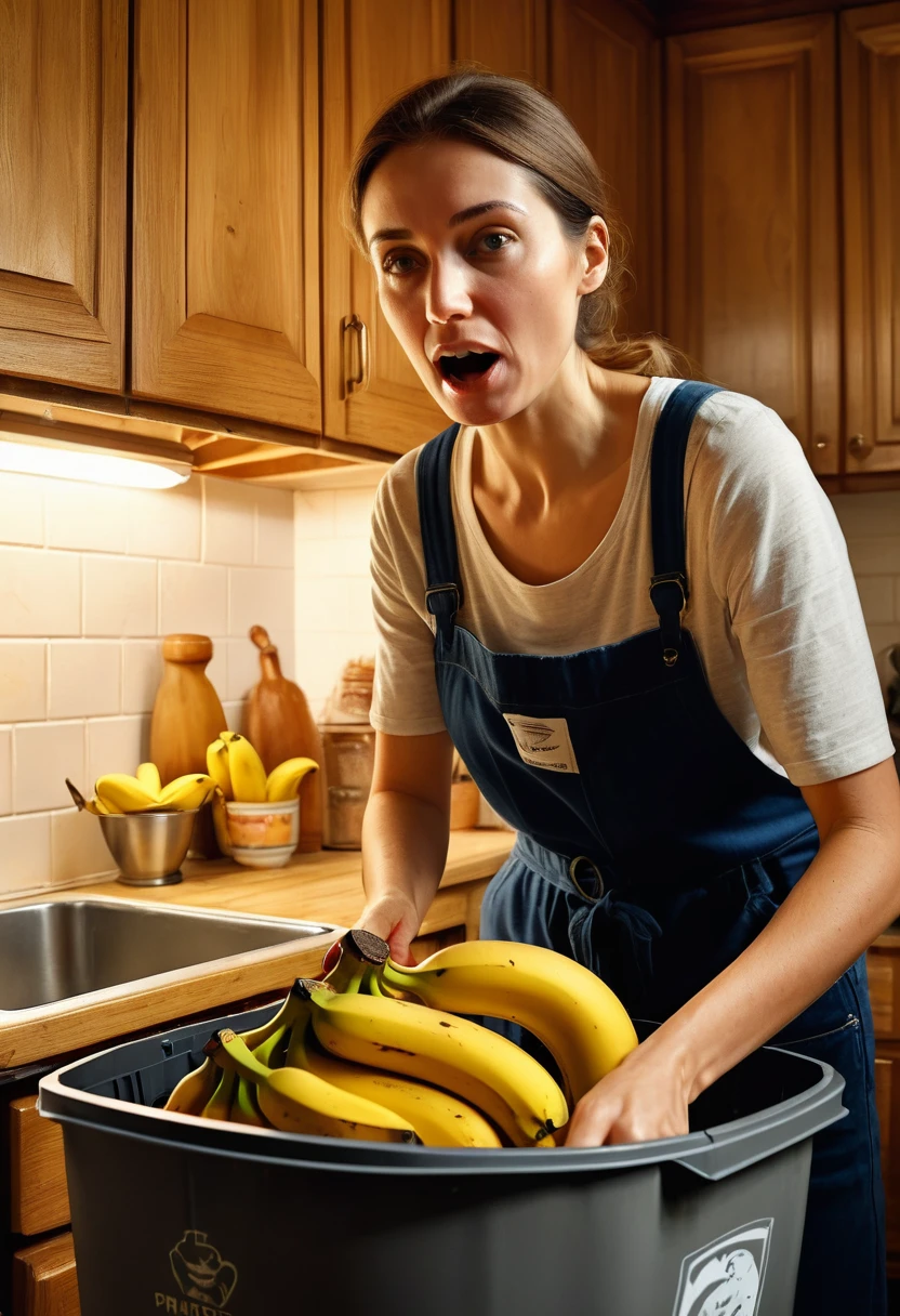 a woman putting a banana peel into the dustbin, her reaction was shocking, closeup shot, half body, fish eye lens, detailed facial features showing surprise, soft lighting enhancing the moment, cozy kitchen with wooden cabinets and a window with sunlight streaming in, sense of warmth interrupted by an unexpected discovery, Illustration, digital painting with Procreate, --ar 1:1 --v 5