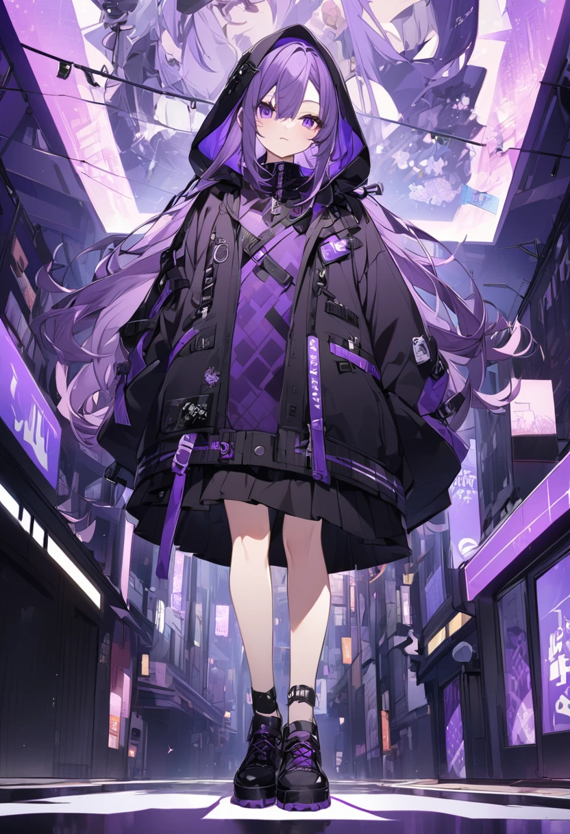 Keito。Purple Eyes。Purple Hair。Purple Skirt。Black shoes下。Black shoes。Purple hoodie