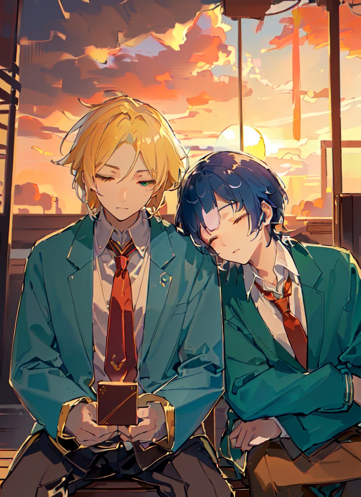 Two boys,Shoulder to Shoulder,Close your eyes,sleep,The person on the left has blond hair,The person on the right has dark blue hair,Blue-green school uniform,White shirt,Red tie,Black pants,Sitting on a bench,背景是Sunset,Sunset,sunset,美丽的Sunset,Sunset光影,Backlight,Correct warm lighting,8K,Correct human body,Detailed eye painting,illustration,Highest quality,Exquisite,Detailed face,Masterpiece,flat chest,Slim,young,,High-end,Hand Painted,Official Fanart, Visual novel, Anime style,Girly Romance, Produced by Anime Painter Studio,masterpiece, best quality, Sharp focus, Intricate details, Perfect, Golden Ratio Composition, 8K resolution, High resolution, fair, fair sky, Vibrant pastel colors, Vibrant colors