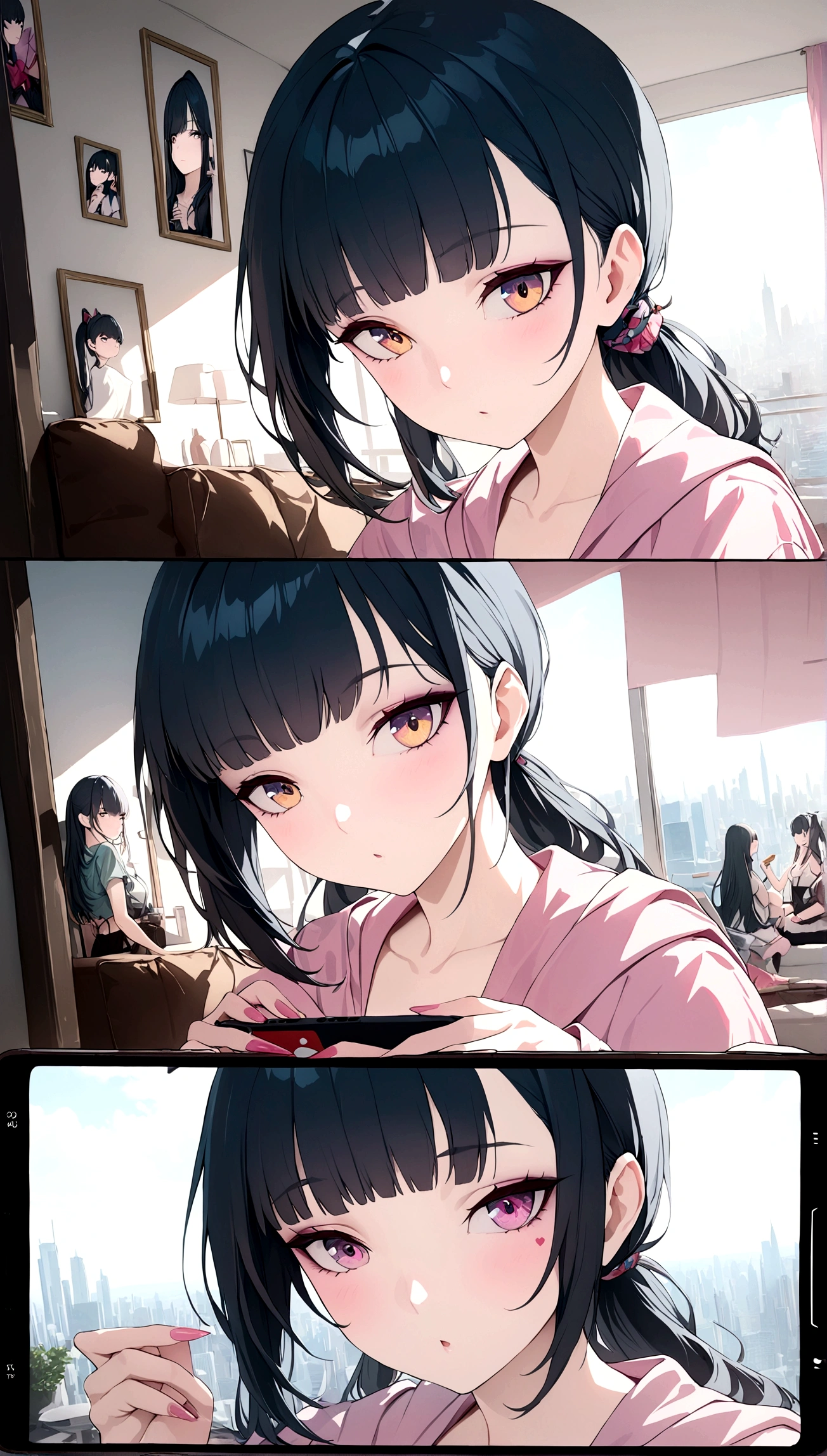 8K portrait of a beautiful young woman in a J-POP style, having a great time watching one interesting video after another on YouTube on her smartphone, extremely detailed, high quality, ultra-high resolution, photorealistic, masterpiece, cinematic composition, trending on ArtStation