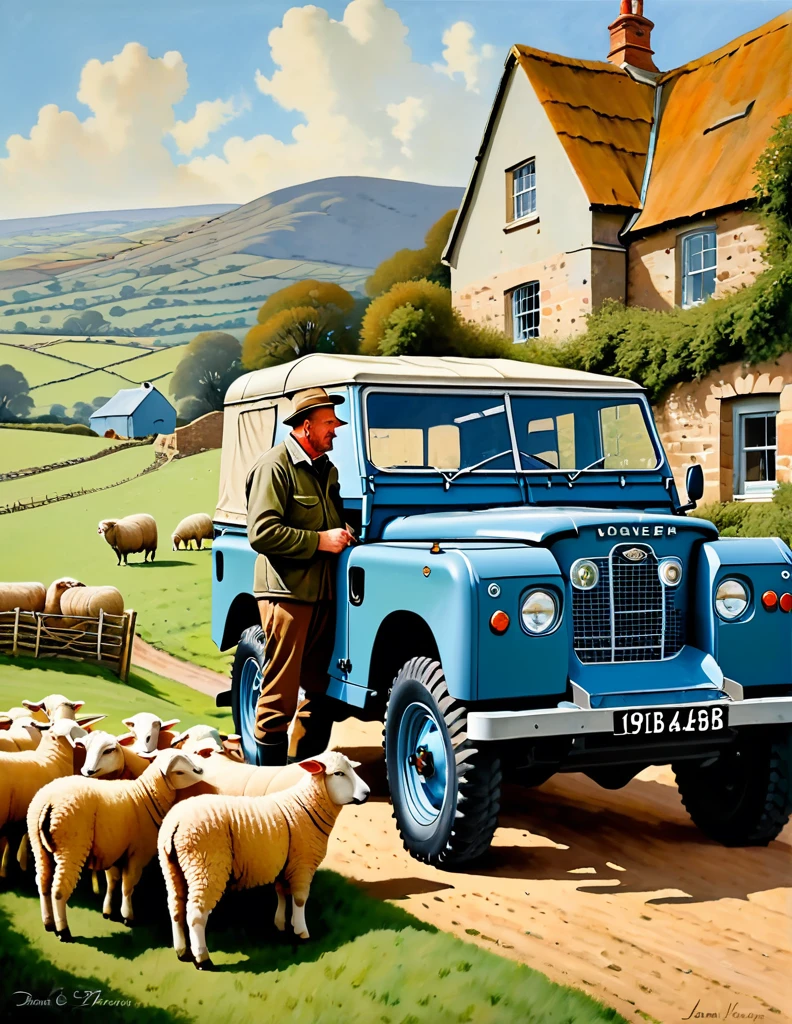 The Middle-aged British Farmer, with his ginger dog shepherd, at his sheep farm, counting his sheeps beside his 1948 Blue Land Rover Defender Serie I, serene and tranquil British farm background, oil on canvas painting with heavy influence from Don Lawrence