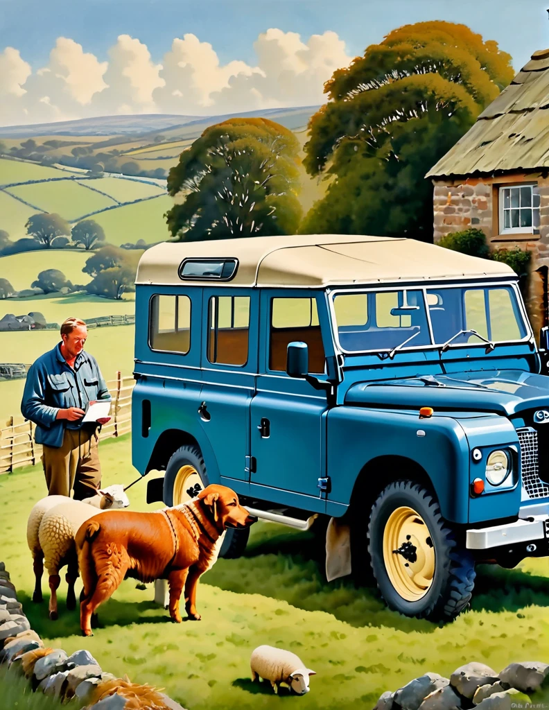 The Middle-aged British Farmer, with his ginger dog shepherd, at his sheep farm, counting his sheeps beside his 1948 Blue Land Rover Defender Serie I, serene and tranquil British farm background, oil on canvas painting with heavy influence from Don Lawrence