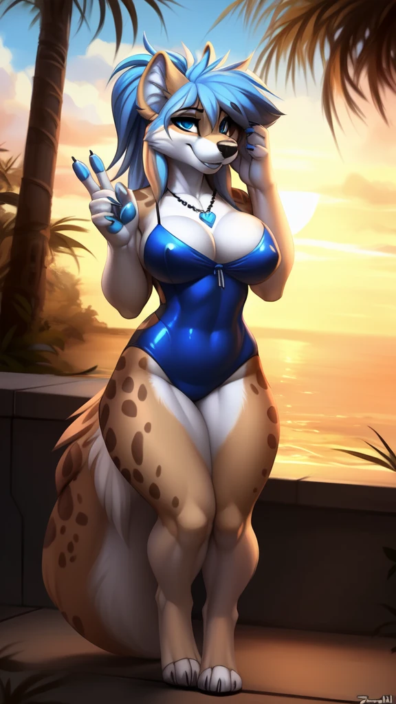 ((((SFW)))), I loaded the e621, beautiful and detailed,Woman (((female))) ((anthropo)) hyena, ross tran, por Ruan Jia, by zaush, por Foxovh, cinematic lighting, seducer, hyena, thick-thighs, huge boobies(Huge breasted), full body view, (anthropo, cute fur, character focus:1.1), 1 girl, cachorro anthropo, body skin, dog tail, standing alone, medium breasts, (thick-thighs), curved, ( branco colors_badass clothing) focus on , biki big sexy mom sensuous mom , (heart-shaped pupils), sensuous, seducer, fall in love girl, juridical, cute, naughty face, grande show de halo , black hair with blue highlights. samurai girl inside the ass , Visible muita saliva offering to breasts and partial sex clothes ((She's showing off her sensuousity) ( blue necklace.) hottest 1st position for blue eyes sexy naughty face comfortable anime style cartoon style squirrel ears with blue hair ponytail , digital drawing, sexual expression.) (badass clothing colors: blue and white) (sensuous badass clothing), digitl art, blushed, hourglass shape, furry tail, wearing swimsuit (((du cell swim))), sun-drenched beach, low height(1,60m), , sun-drenched beach detalhada, sitting, peace sign