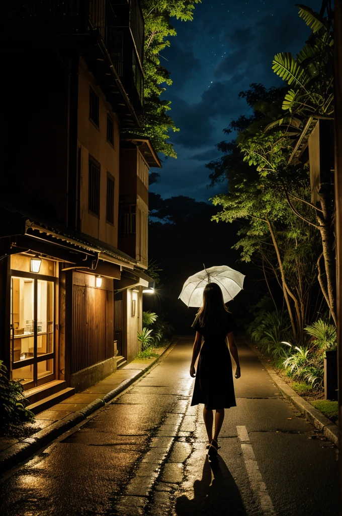 Create a image of a girl from behind walking with an umbrella in the night on a beautiful road  in a beautiful jungle