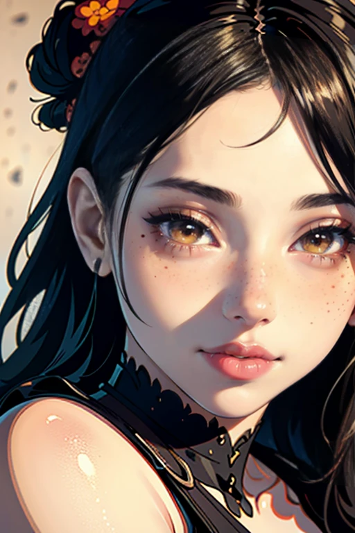 Hot Girls, Cover with stickers,Cute Freckles,Mole under the left eye,intricate details, realistic portrait, 8K, high quality, detailed skin and eyes, natural lighting, vivid colors, masterpiece