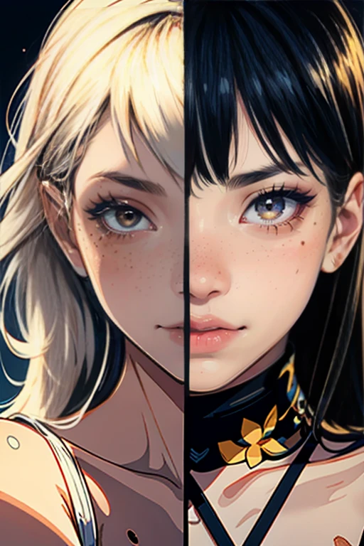 Hot Girls, Cover with stickers,Cute Freckles,Mole under the left eye,intricate details, realistic portrait, 8K, high quality, detailed skin and eyes, natural lighting, vivid colors, masterpiece