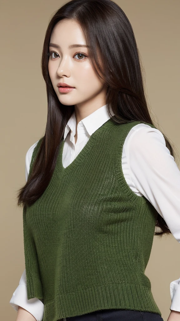 lifelike, high resolution:1.3), 1 girl with a perfect figure, The face shape and eyes are super beautiful,Long hair, Random color vest:1.2,trousers,Facing the camera
