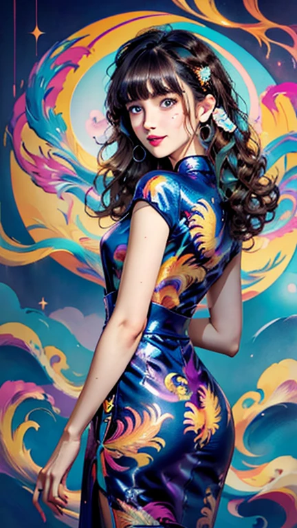 24 years old female, solo, (blunt bangs)++, (medium hair)++, (turn back)+++, smile, big , (brown hair)++, (blue eyes)++, (is wearing phoenix print qipao dress)++, masterpiece, high quality, a detailed depiction, curly,curly hair, beautiful,girl