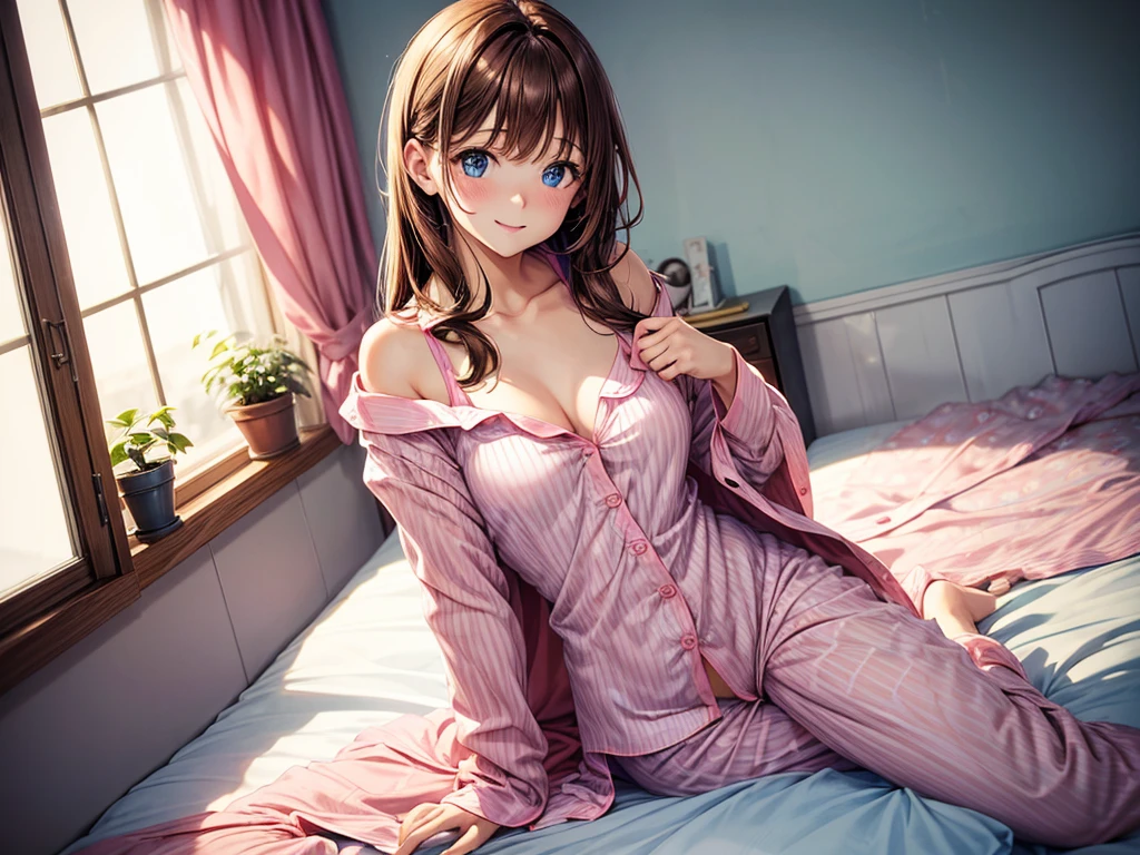 one cute girl, brown hair, blue eyes, (pink pajamas girly), transparent pajamas, in a girl's room, the pajamas are unbuttoned, she smiles, open shoulders, she has little tits, and nice hips, sexy pose, open breasts