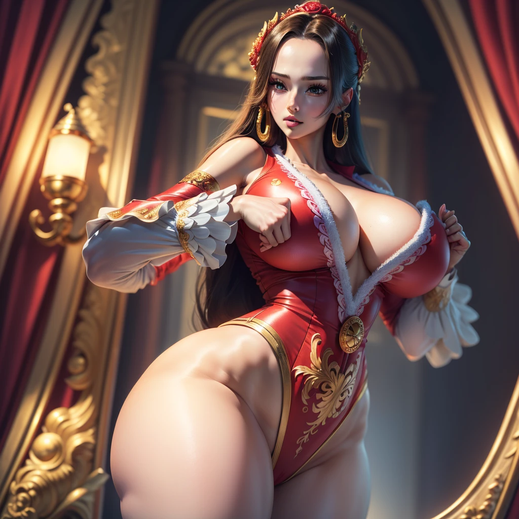 (masterpiece, best quality, ultra high res, beautiful detailed hair detailed face, perfect feminine face, beautiful detailed clothes), 1girl, solo, boa hancock, one piece series, (gigantic breasts, huge cleavage, wide hips, thick thighs, hourglass figure, enormous)