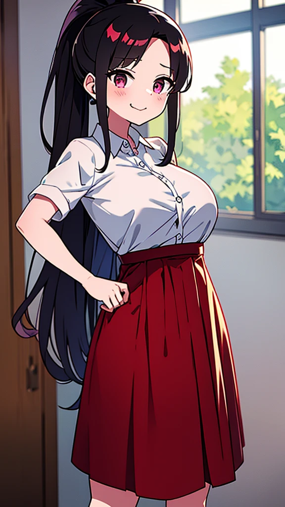 high tail hairstyle, Ponytail hairstyle, Long wavy black hair, standing posing, anime girl style, pixel art anime style,penetrating look with deep eyes,red and purple eyes, hair with a ponytail hairstyle trapped with a big red bun, Women, red hair clips, x color shaped hair clips , short white shirt, smooth receptionist miniskirt, smiling face blush, standing in his bedroom, next to his bed, receptionist clothes, lifting her skirt, grabbing her skirt with her hands to lift it up, letting her look at her underwear. 