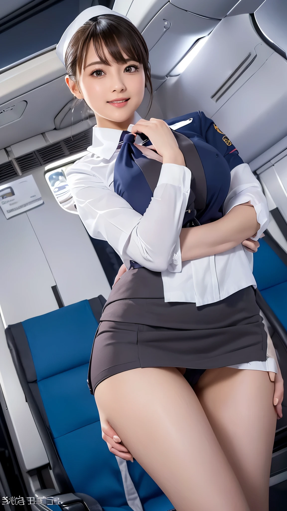 Highest quality, masterpiece, 8K, Ultra-high resolution, (Photorealistic:1.4), One Girl、Beautiful Face、Symmetrical eyes、huge 、Perfect Body Proportions、Stewardess Uniform、Look at the viewers、(Inside the plane:1.2)、View from the front、shoulder、Absolute area(1.3)、Laughter Sexy uniform ((Amazing super short micro mini skirt)) ((The shortest and ultimate micro mini skirt:1.3)) ((Micro mini skirt for sex))(huge tits) (((Stewardess invites you to sex:1.3)))((Lift up your skirt and show me your panties))((Stewardess sex:1.3)) ((No pants))