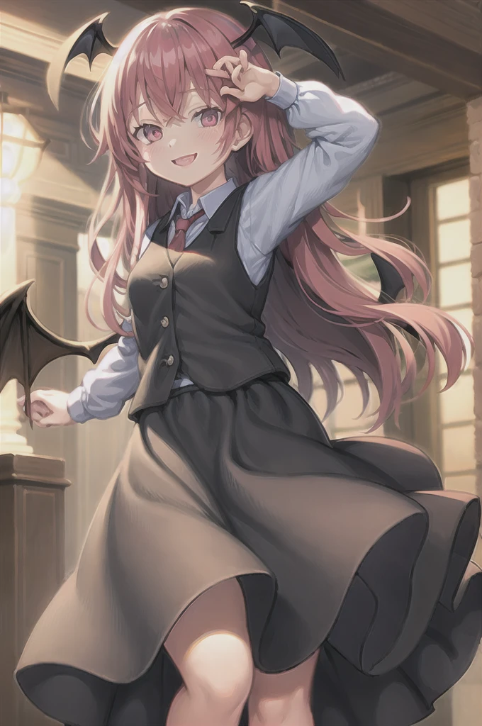 masterpiece, best quality,  chibi,1girl,koakuma, vest,necktie,skirt,wings,simple background,smile
