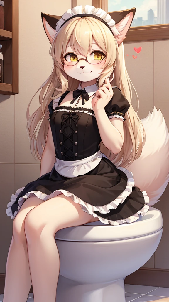 best quality,Optimal resolution,(Fluffy anthropomorphic furry :1.6),(young :1.8),Catwoman,Small Breasts,Light hair,Long hair,curls,Curly hair,light fur,Yellow eyes,Sparkling eyes,Shining eyes,Big round glasses,maid outfit,Maid headdress,Maid gloves,Ruffles,Beautiful toilet,White light,Steam from a coffee machine,Full flush,Smiley Face,Smile,heart shape eye,Heart shaped eyes,Shy pose,permanent,Sexy pose,Paw pose，Sitting on the toilet，害羞的Sitting on the toilet