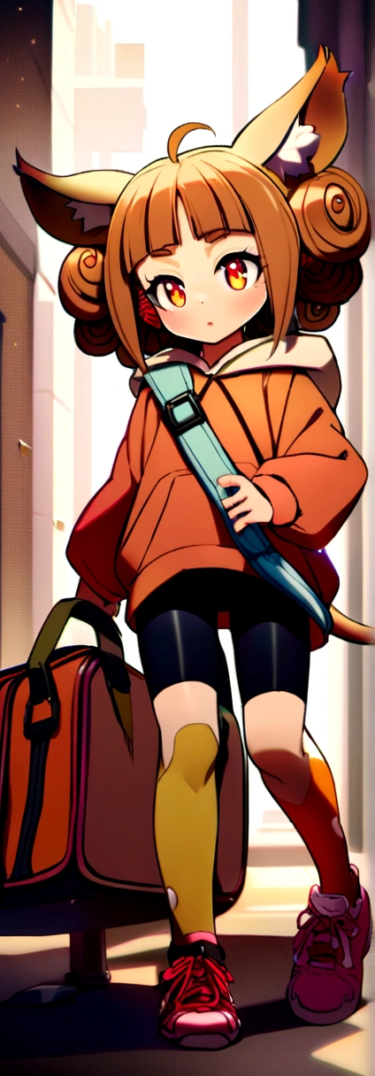 Kizi, brown curly hair, coyote ears and tail, hooded shirt, bike shorts, duffel bag