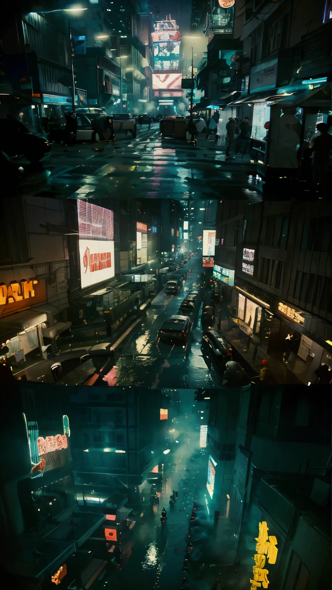 ((Highest quality)), ((masterpiece)), (Familiar), (High resolution), (Oneccurate), (Realistic), (Cinematic), (Best Shadow), (Low contrast), (8K), Perfect Face, ((SYd MEOned style)), manga、mangaデザイン、Storyboarding、panel layout、(Security droneが飛び立っていく), sparkling neon sign、congestion, congestion, decadent Future City, NEO TOKYO, One.d.2051, (vapor:1.2), It's raining white, evening, 