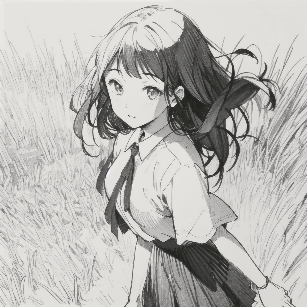 One Girl,Line art,Monochrome,sketch,Pencil drawing,Traditional Media,One Girl, skirt,Cute Teenage Girls, ,Beautiful portrait、Delicate body、Black Hair、Black Hair,landscape
