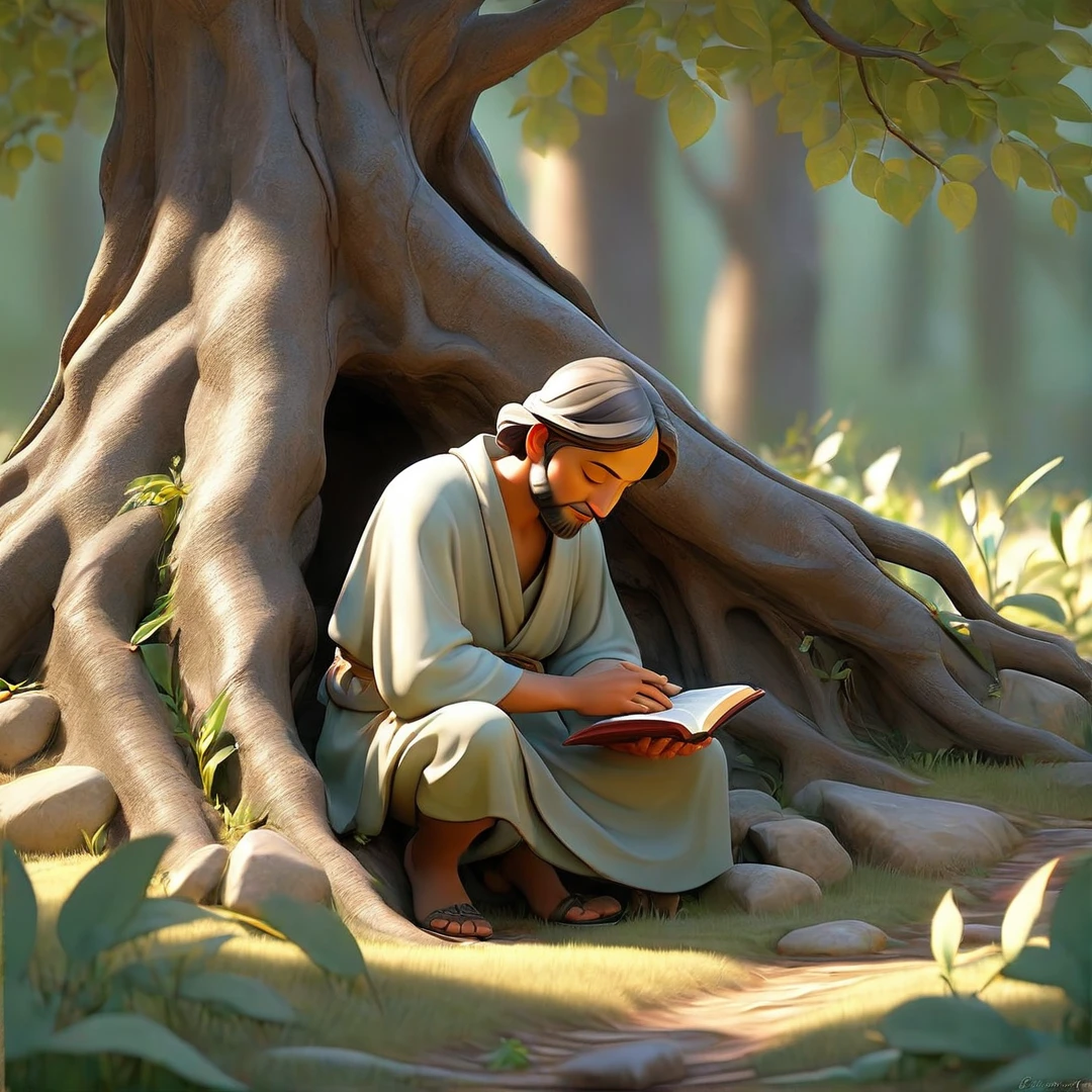 Sob a serene glass, on a peaceful day, A man kneels, in voracious prayer. Bible in hands, words of light, Seek the comfort that faith always translates.The shadow of the tree, shelter and refreshment, A sacred encounter, an ethereal moment. With eyes closed and heart open, Pray fervently, search for the right path.Every leaf that falls, a divine whisper, Guiding your words, showing the destination. On sacred ground, your soul surrenders, To God omnipresent, his life he extends.under the tree, symbol of life and shelter, A man and his faith, in an old dialogue. kneeling in prayer, his strength he renews.